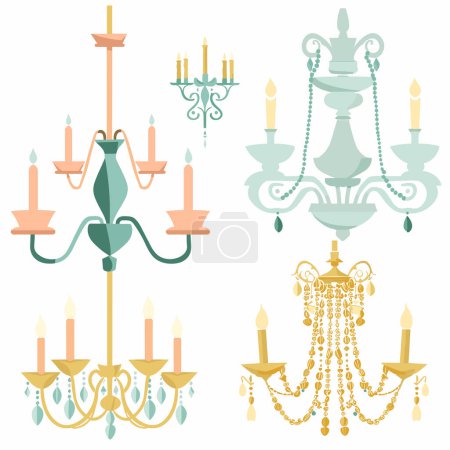 Cuatro lámparas de araña diferentes, coloridos, decorativos, elementos de diseño de interiores. Ilustraciones de luminarias elegantes, estilo plano, diseños modernos clásicos aislados fondo blanco. Cristales de cuentas