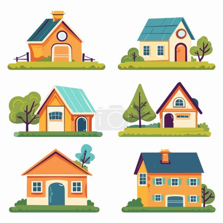 Collection colorful cartoon houses, trees, bushes, residential buildings, various architectural styles. Set suburban homes, roof, windows, doors, cozy neighborhood greenery Ideal cityscape