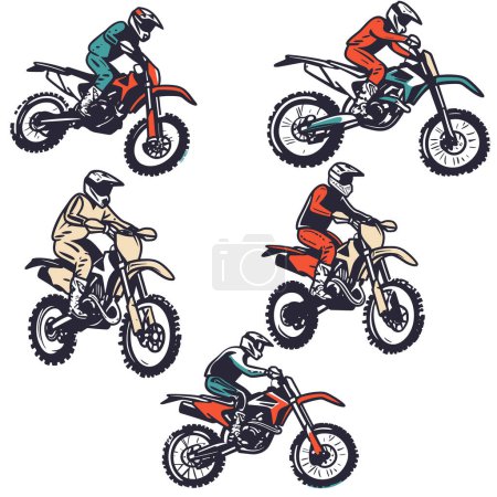 Illustration for Motorcycle riders racing bikes offroad, motocross sports action. Motocross athletes wearing helmets, riding dirt bikes, competition. Set riders dynamic poses, extreme sport biking - Royalty Free Image