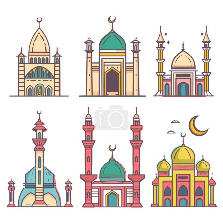 Set six colorful mosque illustrations showcasing Islamic architecture, variety domes minarets, crescent moon accents. Vibrant mosques religious buildings displayed row, linear art style, pastel