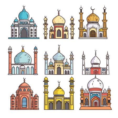 Collection colorful mosque illustrations showcasing different architectural styles, mosque features domes, minarets, ornate details representative Islamic architecture. Vibrant colors line art style