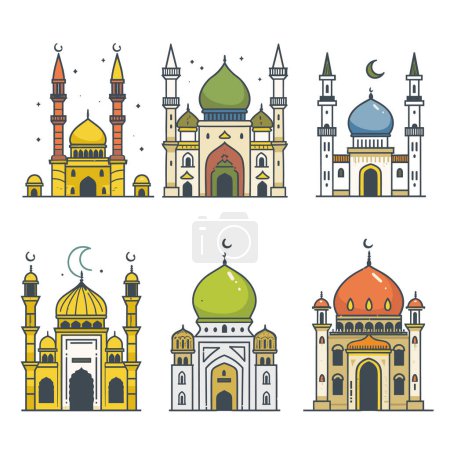 Set six colorful mosque illustrations, distinct domes, minarets, Islamic architecture details. Simple flat design style, mosque decorated crescents, stars, arches, yellow highlights. White isolated