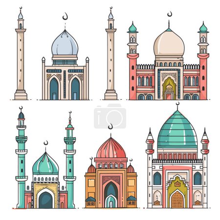 Six mosques illustrations, colorful Islamic architecture, domes minarets. Flat design religious Muslim temples, cultural landmarks, religion. Cartoony mosque buildings set, art, diverse mosque