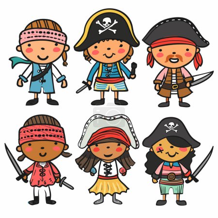 Six cartoon children dressed pirates, unique pirate costumes, smiling faces, cartoonstyle swords. Cartoony pirate kids, cute, festive, playful attire, bandanas, tricorne hats, eye patches, buoyant