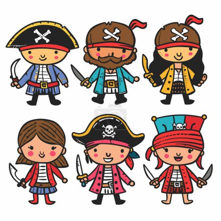 Six cute cartoon pirate characters illustrated, three males three females, smiling pirate hats, eye patches, swords. Colorful pirates wearing traditional costumes, standing proudly, playful childish