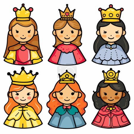 Six cartoon princesses different hairstyles dress colors wearing crowns. Various ethnicities represented vibrant, colorful illustration young, female royalty characters, princess smiles, showcasing