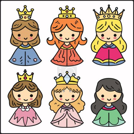 Collection six cartoon princess characters, unique dress crown. Princess illustrations feature different hairstyles, expressions, dresses bright colors. Cute kidfriendly style princesses, ideal
