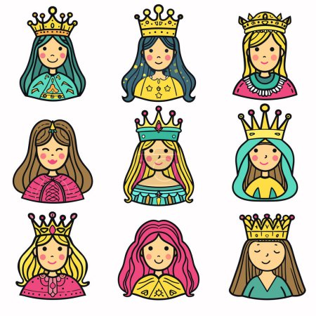 Collection nine cartoon princesses various hairstyles crowns, princess features unique dress colors designs, cheerful expressions. Stylized simple line art princesses childrens illustrations