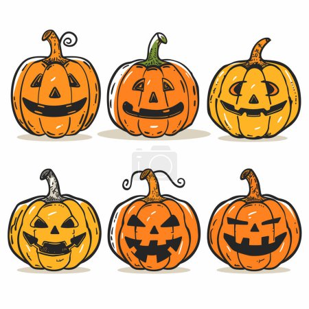 Six cartoon jackolanterns displayed, varied facial expressions designs, all festive Halloween. Handdrawn style, orange pumpkins, smiling spooky faces, vector illustration isolated white background
