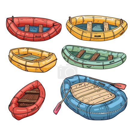 Handdrawn collection various colored inflatable boats. Detailed sketches red, yellow, green, blue rubber dinghies paddles. Isolated white background, nautical leisure equipment