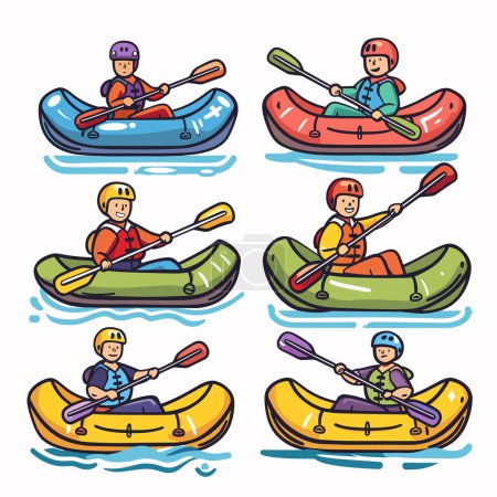 Personnages animés kayak, port de casques gilets de sauvetage, pagaie kayaks colorés. Style dessin animé, gilets de kayak de différentes couleurs, thème des sports nautiques. Couleurs vives, activités de loisirs, heureux