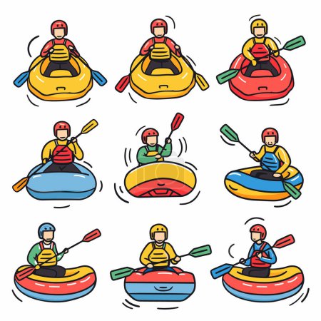 Cartoon kayakistes pagayant kayaks colorés, portant des casques gilets de sauvetage. Illustration d'activités de sports nautiques récréatifs. Les gens aiment le kayak, couleurs vives
