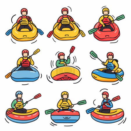 Neuf personnages de dessins animés kayak, kayaks colorés pagaies, activités de sports nautiques de plein air. Groupe diversifié, casques gilets de sauvetage, thème récréatif, plaisir d'aventure. Illustration de style line art, vibrante