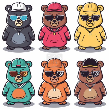 Six ours habillés style urbain de rue, ours arborant une casquette à capuche de couleur différente. Ours portant des lunettes de soleil, casquettes colliers, mode hip hop dessin animé, couleurs vives. Tenues habillées animées tendance