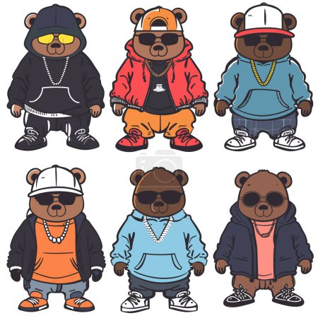 Ilustración de Seis osos de dibujos animados vestidos de moda hip hop. Los osos usan gafas de sol, cadenas, gorras, zapatillas de deporte, ropa casual. Ilustración de estilo urbano fondo blanco aislado - Imagen libre de derechos