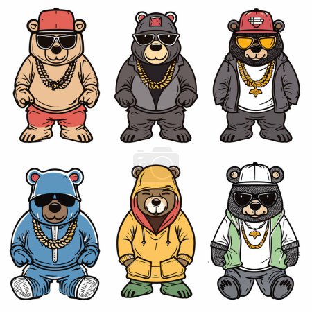 Sechs Cartoon-Bären trugen im HipHop-Stil Sonnenbrillen mit Goldketten. Cartoons tragen Kapuzenpullis, Mützen, Sportschuhe. Hip-Hop-Mode posiert im coolen Straßenstil