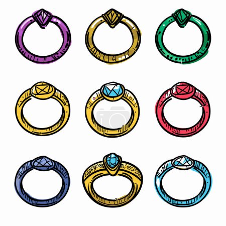 Set bunte Verlobungsringe, verschiedene Edelsteine. Schmuck im Cartoon-Stil, isoliert weißen Hintergrund. Handgezeichnete Ringe, leuchtende Farben, Edelsteinsorten