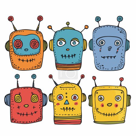 Six colorful cartoon robots various facial expressions, doodle art style. Bright colors, smiling faces, antenna heads, isolated white background. Childfriendly robot characters, cute technology