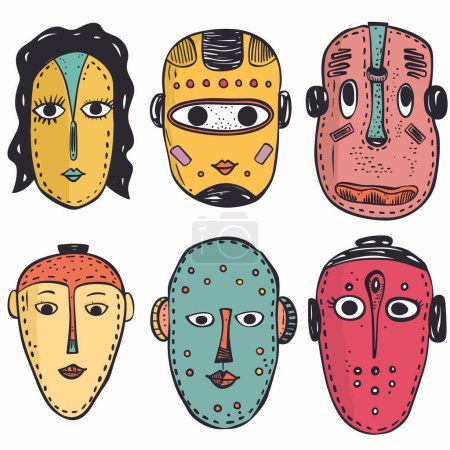 Colección máscaras tribales varios diseños colores rasgos faciales. Las máscaras étnicas hechas a mano establecen ilustraciones vívidas de la cultura tribal ritual africana. Arte tradicional estilizado decoración étnica colorida
