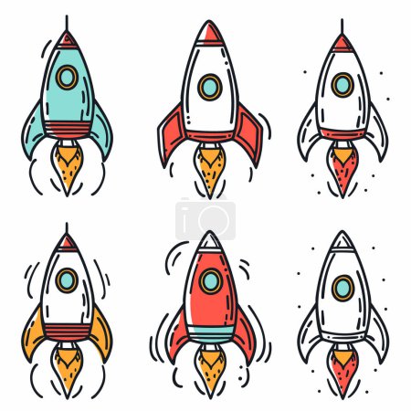 Sechs Cartoon-Raketen, bunte Raumfahrzeuge, die losfliegen. Handgezeichnete Raketen, rot, blau, orange, aufwärts startend. Historisches Raumschiffdesign, Flammenantrieb, Thema Weltraumforschung