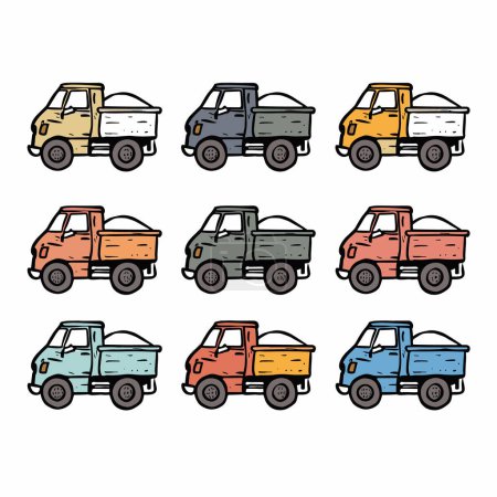 Mini camions colorés dessinés à la main. Véhicules de livraison de style dessin animé, plusieurs couleurs. Transport camions de fret icônes