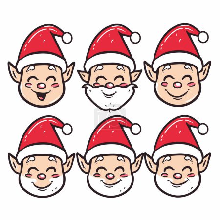 Collection Christmas elves faces wearing red Santa hats, joyful cartoon expressions. Festive holiday characters, cheerful elf illustrations isolated white background