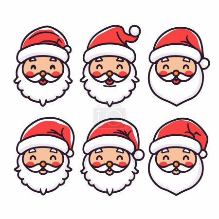 Sechs Weihnachtsmänner stehen vor unterschiedlichen Gesichtsausdrücken. Der Weihnachtsmann hat einen roten Hut, einen weißen Bart und ein lustiges Aussehen. Santas passende Urlaubsgrafiken im Cartoon-Stil