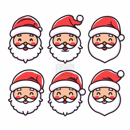 Sammlung von sechs Nikolausgesichtern, die unterschiedliche Emotionen ausdrücken. Der Weihnachtsmann hat einen ausgeprägten Gesichtsausdruck, der Glück, Überraschung und Zufriedenheit zeigt, während er traditionelle rote Hüte trägt. Cartoon-Stil