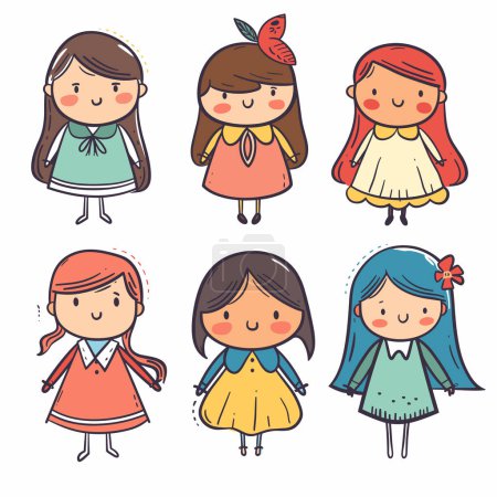 Six cute cartoon girls smiling, various hairstyles colorful dresses, handdrawn style, isolated white background. Childlike feminine characters, cheerful expressions, playful accessories. Different