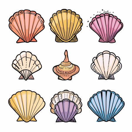 Set colorful seashell illustrations isolated white background, marine conch shells cartoon drawing, sea mollusk clipart. Assorted seashells vector graphics, nautical beach theme decoration, marine