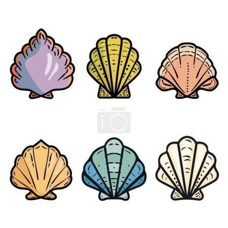Sechs farbenfrohe Muschelsymbole präsentiert vor isoliertem weißem Hintergrund, Muschel hat unterschiedliche Farbmuster. Lebendige Illustrationen perfektionieren maritime Designs