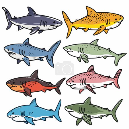 Téléchargez les illustrations : Collection requins colorés, illustrations d'espèces diverses. Différents types de requins, thème de la vie marine, style dessiné à la main, teintes vives. Set requins, dessins animés, fond blanc isolé - en licence libre de droit