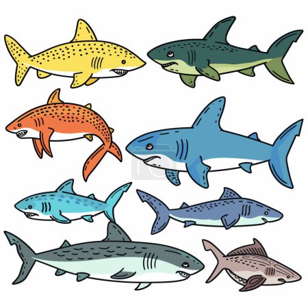 Colorful sharks swimming, different species ocean wildlife illustration. Cartoon sharks collection, marine life, aquatic animals drawing. Handdrawn variety, sea predators, cute shark characters