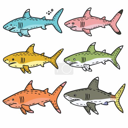 Colorful cartoon sharks swimming, different species handdrawn. Kids ocean wildlife, sea creatures collection illustration, white background. Cartoon sharks set, marine life, colorful drawing kids