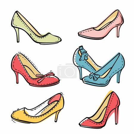 Collection handdrawn womens high heels, various designs, colors. Fashion footwear, stiletto kitten heels, stylish shoes isolated white background. Trendy female shoe illustrations, fashion