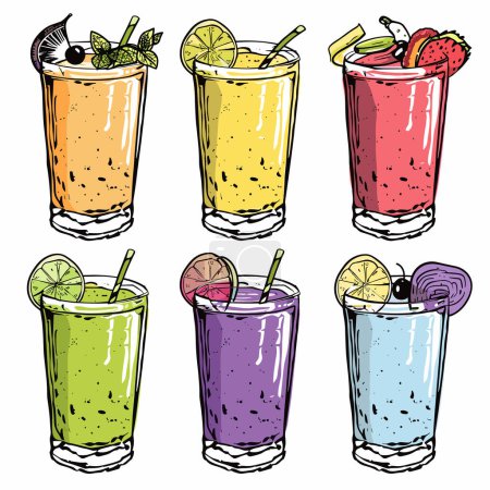 Smoothies colorés ensemble illustration dessinée à la main, variétés de saveurs de fruits, y compris l'orange, jaune, rouge, vert, violet, bleu, smoothie garni différemment, tranches de fruits pailles. Style de croquis artistique