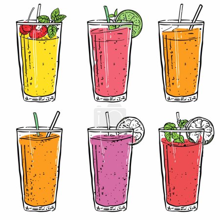 Handdrawn colorful fruit smoothie illustrations tall glasses, garnished differently. Sketch style juices, rich color, featuring yellow, red, orange, purple hues. Fresh cold beverages straws, fruits
