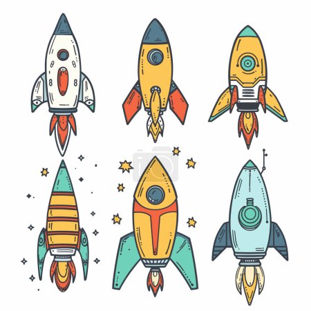 Five colorful cartoon rockets displayed against white background, stars dots scattered around, rocket has unique design, featuring different color patterns including orange, yellow, green, blue