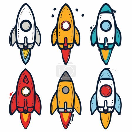 Colorful cartoon rockets, space vehicles, handdrawn spacecraft exploring cosmos. Six stylized retro rocket ships, primary colors, doodled outer space vehicles, isolated white background. Creative
