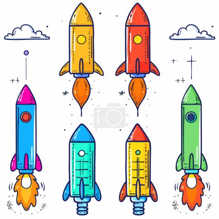 Six colorful rockets launching, cartoon style illustration, stars clouds doodles. Space exploration, fantasy rockets flames, diverse colors, blue, green, yellow, red rockets. Childfriendly design