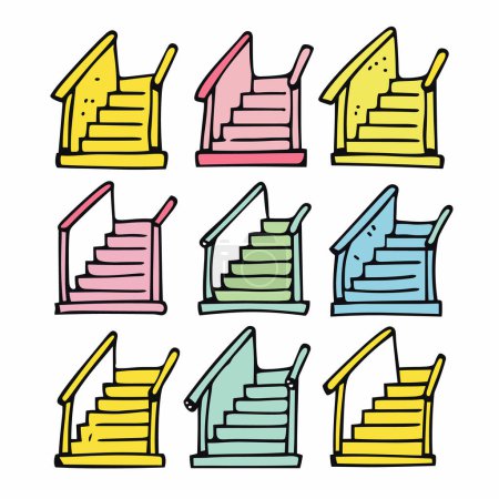 Collection colorful staircases, different hues shades, steps highlighted. Nine staircases, handrail detail, playful style, interior design elements. Stair icons, various colors, interior decoration