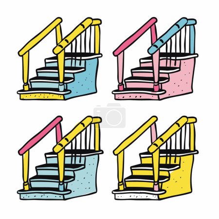 Vier farbenfrohe Treppenrutschen im Cartoonstil, verschiedene Farbkombinationen. Simplistisches Design präsentiert Treppen in Schiebetüren Geländer verspieltes Innenraumkonzept verwandelt. Lebendige Farben machen