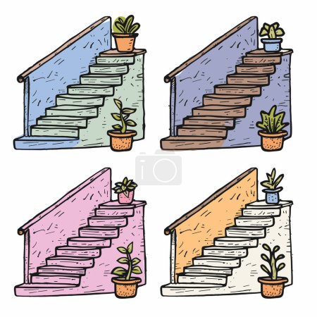 Illustration for Four colorful sketches staircases potted plants, different hues textures suggesting variety design, staircase adorned small potted plant, bringing touch greenery architectural drawing. Handdrawn - Royalty Free Image