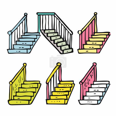 Handdrawn colorful staircases cartoon vector illustration, doodle stairs railings, home interior design elements. Six cartoon style staircases isolated white background, artistic stairs sketch