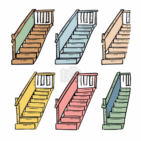 Illustration for Handdrawn colorful staircases, six different colors, home interior design elements. Wooden stairs, cartoon style, isolated white background, home renovation concept. Illustration various stairs - Royalty Free Image