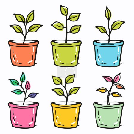 Handgezeichnete bunte Pflanztöpfe mit wachsenden Pflanzen vor isoliertem weißen Hintergrund. Farbenfrohe Pflanzgefäße orange, grün, blau, rosa, gelb, hellgrüne junge Triebe. Pflanzen zeigen