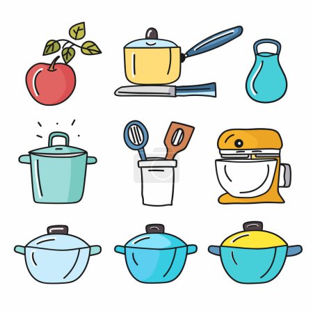Assorted kitchenware utensils, colorful cooking theme. Kitchen equipment, pots, pans, mixer doodle set. Culinary tools, bright colors, isolated white background, vector illustration