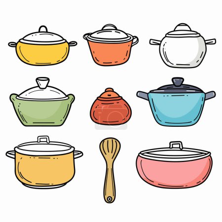 Collection handdrawn cooking pots wooden spoon, colorful kitchenware illustrations. Cartoon style cookware, various shapes sizes, yellow, red, white, green, blue pots, isolated white background