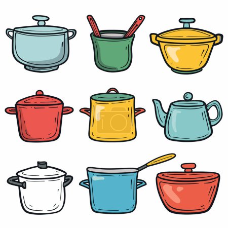 Collection colorful kitchenware illustrations including pots, saucepan, kettle. Cartoon style kitchen utensils, various colors, cookware set isolated white background. Handdrawn cooking pots teapot