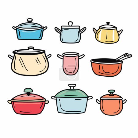Sammeln Sie verschiedene Töpfe, Küchenutensilien Kochen, isoliert weiß. Handgezeichnete Kochtöpfe, Töpfe, Pfanne bunten Cartoon-Stil, Geschirr Illustration. Vielfältiges Kochgeschirr-Set, einfach